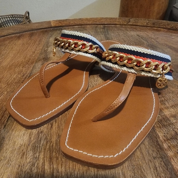 Tory Burch Striped Mini Benton Chain Band Thong Sandals Womens Sz 9 - Picture 5 of 12